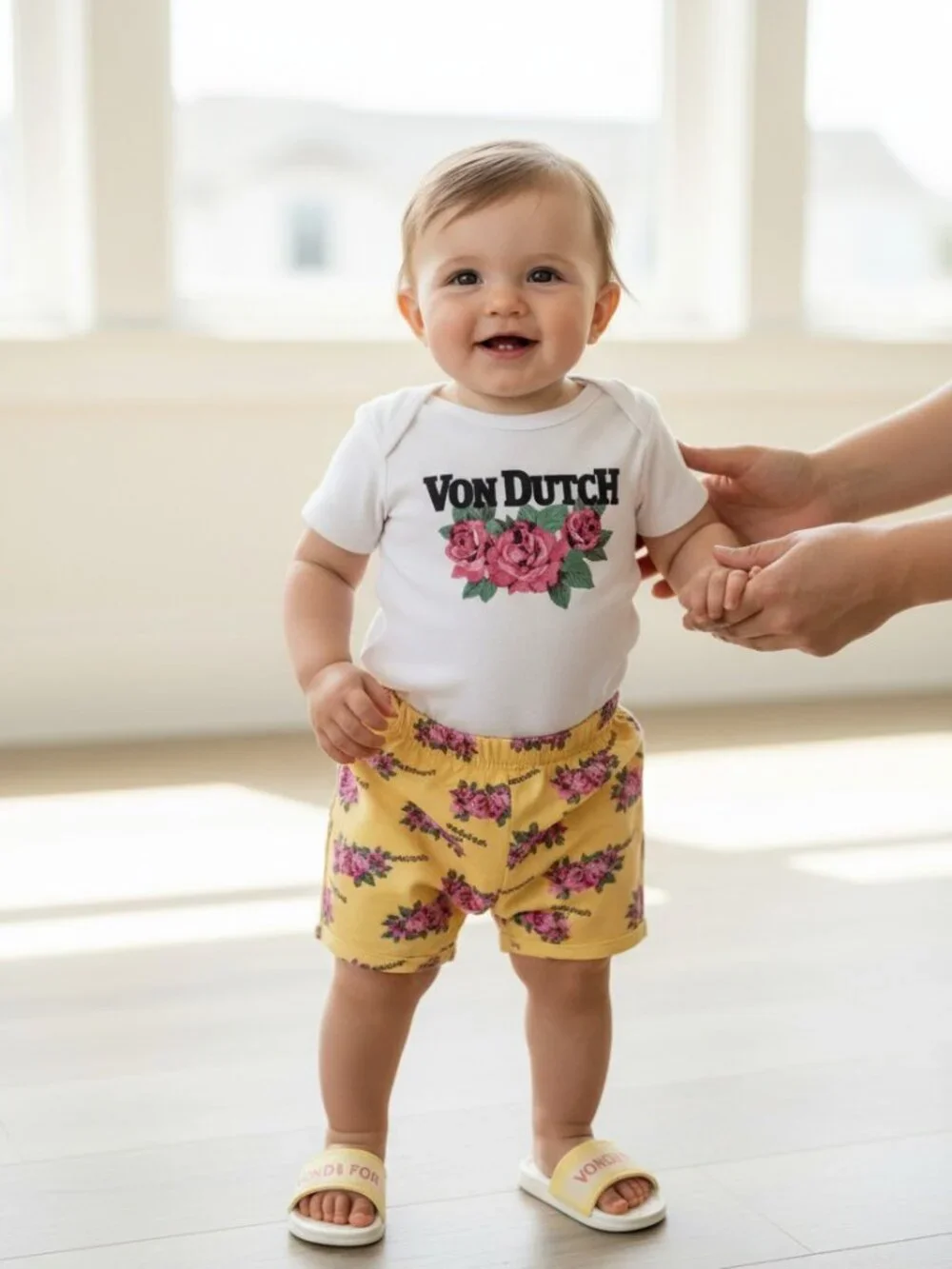 Von Dutch Baby 3Pc Floral Bodysuit Shorts & Sandals Set Size 6M